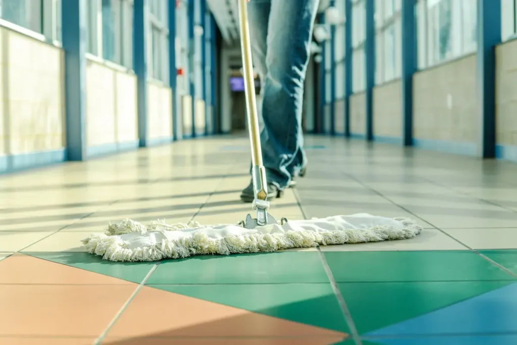 Perfection Commercial Services Team Member cleaning hallway